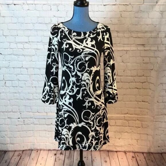 WHBM White House Black Market Print Dress Long Lantern Sleeves XS - Picture 1 of 5